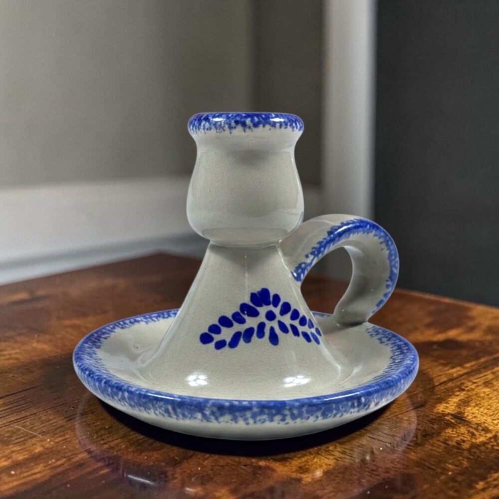 Vintage Stoneware Pottery Blue Spongeware Candlestick Holder Cobalt‎ Floral